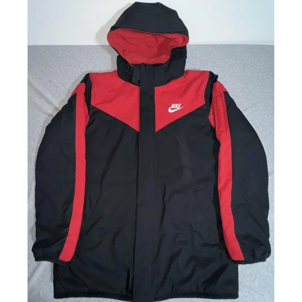 Nike‎ Sportswear Jacket Kids Large Black Red Hooded 3 In 1 Fleece Liner